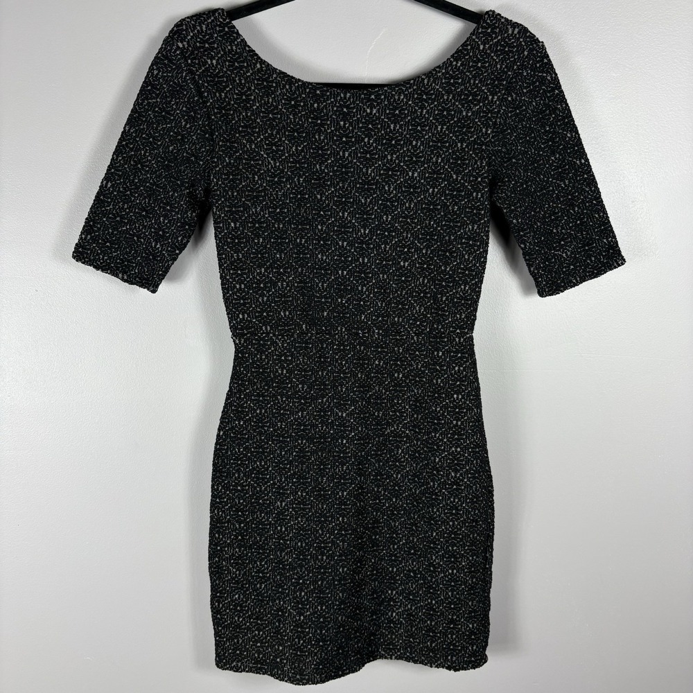 Free People Women's Small Black Boat Neck Textured Short Sleeve Bodycon Dress